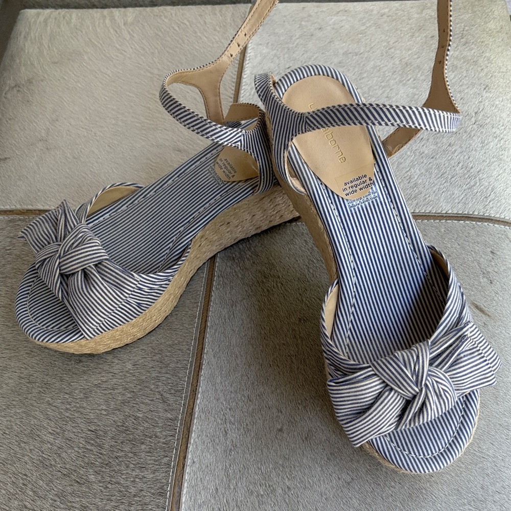 Liz Claiborne Navy and White Striped Espadrille Wedges. New